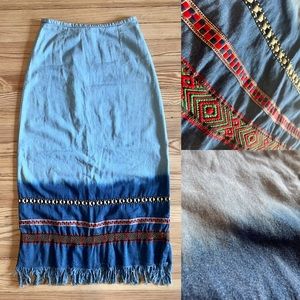 Denim Southwest Skirt Long Blue Denim Embroidered Tassels 90’s Jean Fitted Gypsy